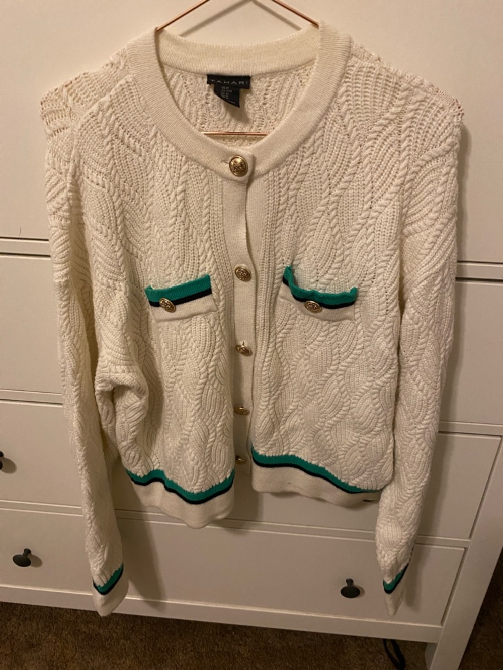 Tahari Cream Cable Knit Cardigan with Green Trim and Gold-Tone Buttons